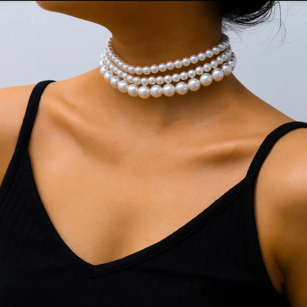 Collier de perles blanches multicouches pour femmes, perle, court, clavicule, breloque, bijoux de banquet, JOPunk, mariage, filles