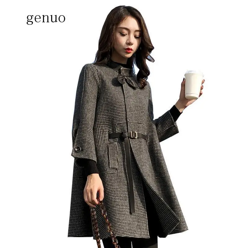 2020  Autumn New Korean Women's Splicing Stand Collar Single-breasted Seven-point Sleeves Fresh And Lovely Long Cloak Wool Coat