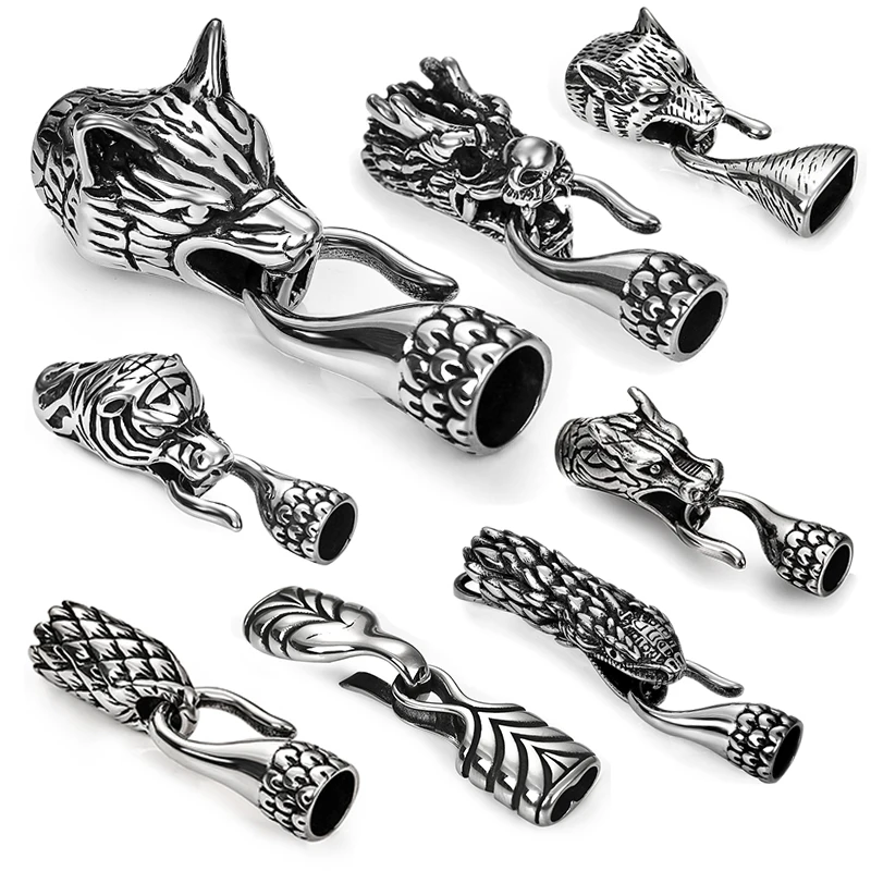 

Men Stainless Steel Snake Wolf Head Bracelet Clasps Hooks Hole 8mm 6mm Leather Cord End Caps Cord Connector for Jewelry Findings