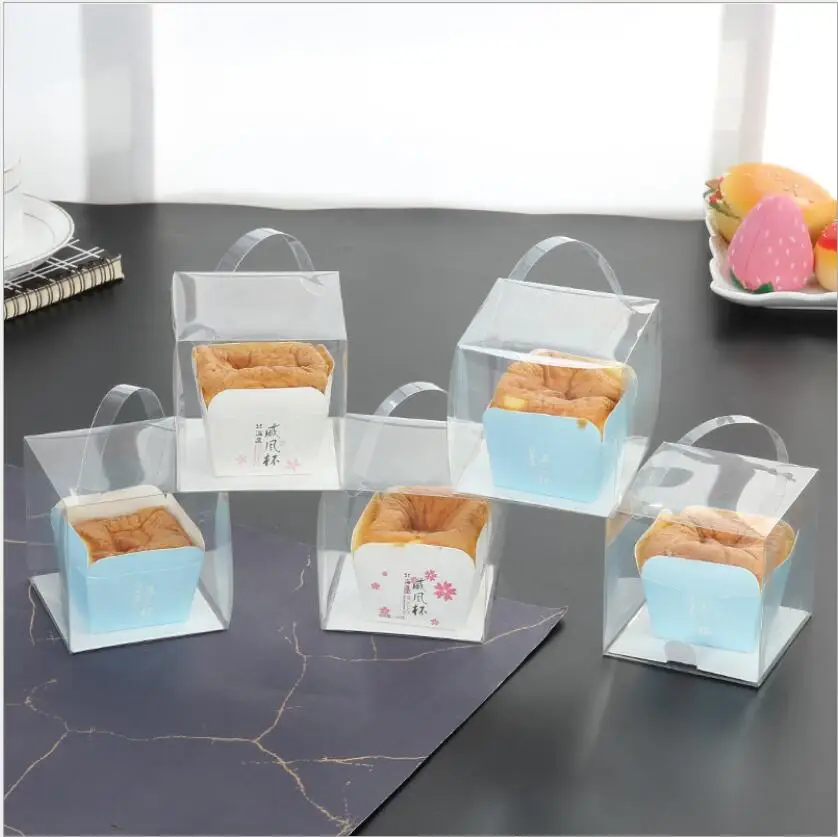 

50 sets 8x8x8cm Square Clear PVC Box For Cupcake Packaging Small Cake Muffin Dessert DIY Baking Party Box With Bottom