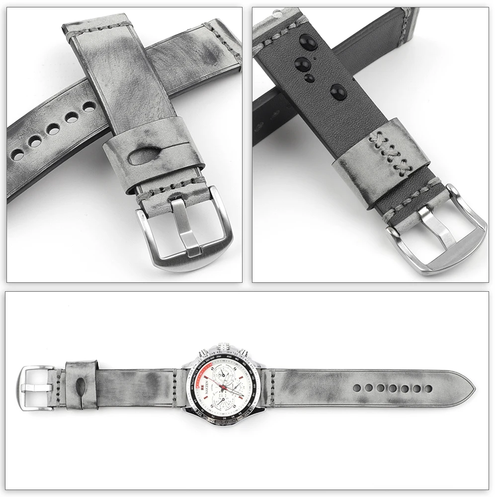 

High Quality Watch Strap Retro Watch Band 22mm Handmade Stitching Grey Special Brushed Watchband For Replacement Men Bracelet