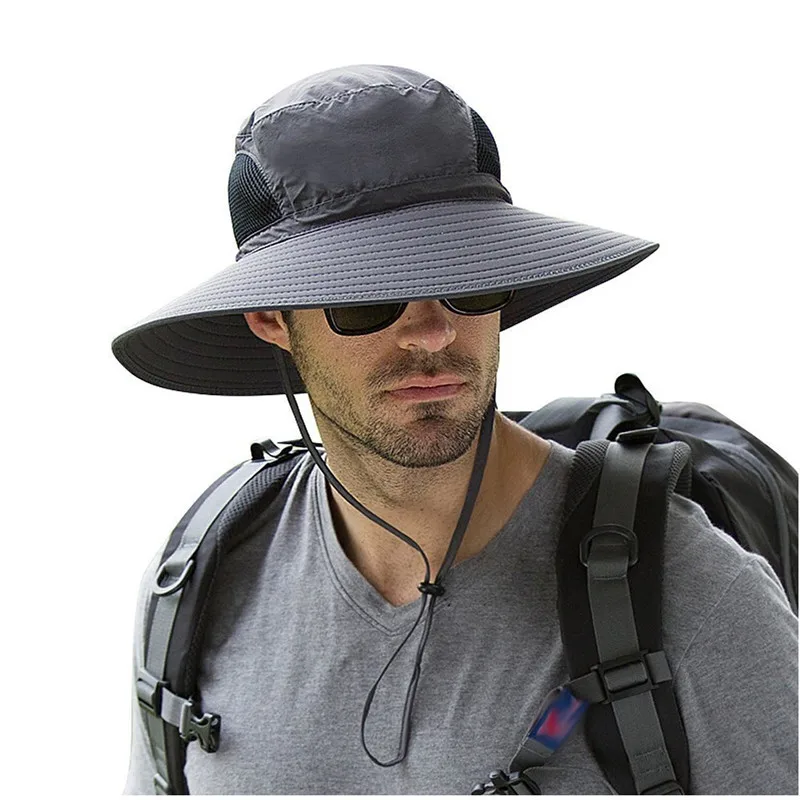 Summer Men Hiking Cap Large Wide Brim Sun Hat UPF 50+ UV Protection Breathable Adjustable Fishing Cap