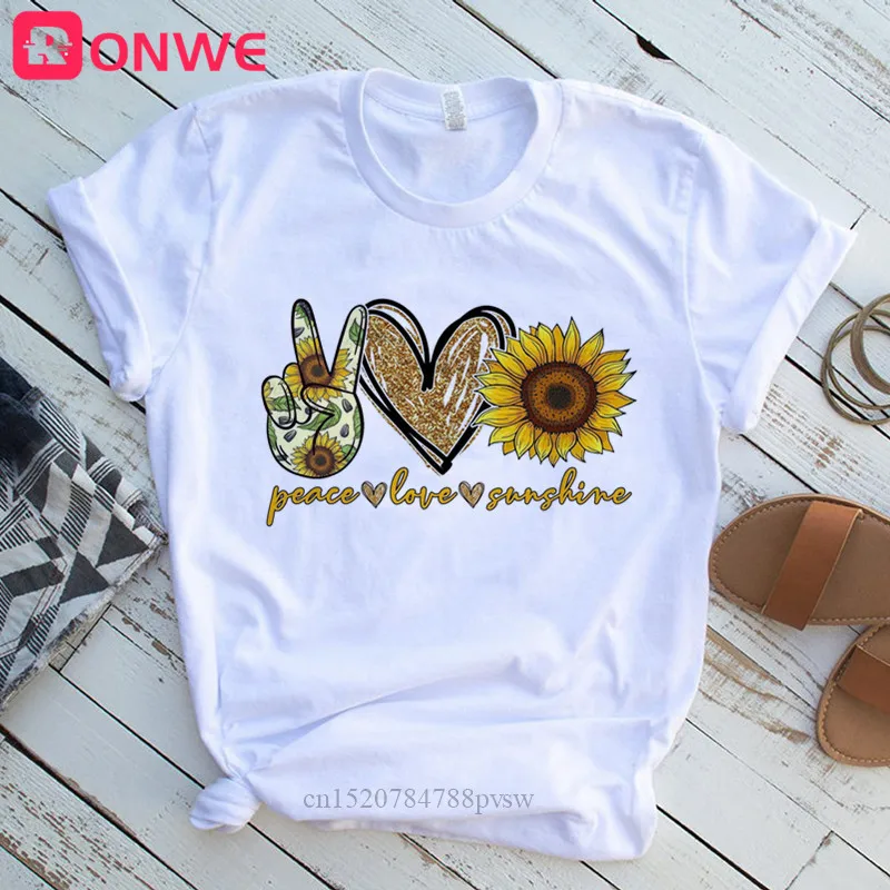 Sunflower Peace Love Sunshine Black Women T shirt Girl Harajuku Y2K White 90s T Shirt Fashion Female T-Shirt,Drop shipping