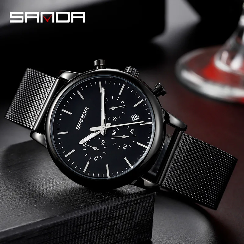 SANDA New Fashion Business Leisure Three Eyes Imitating Six Needle Calendar Waterproof Graduation Bar Nail Mesh Belt Men's Watch