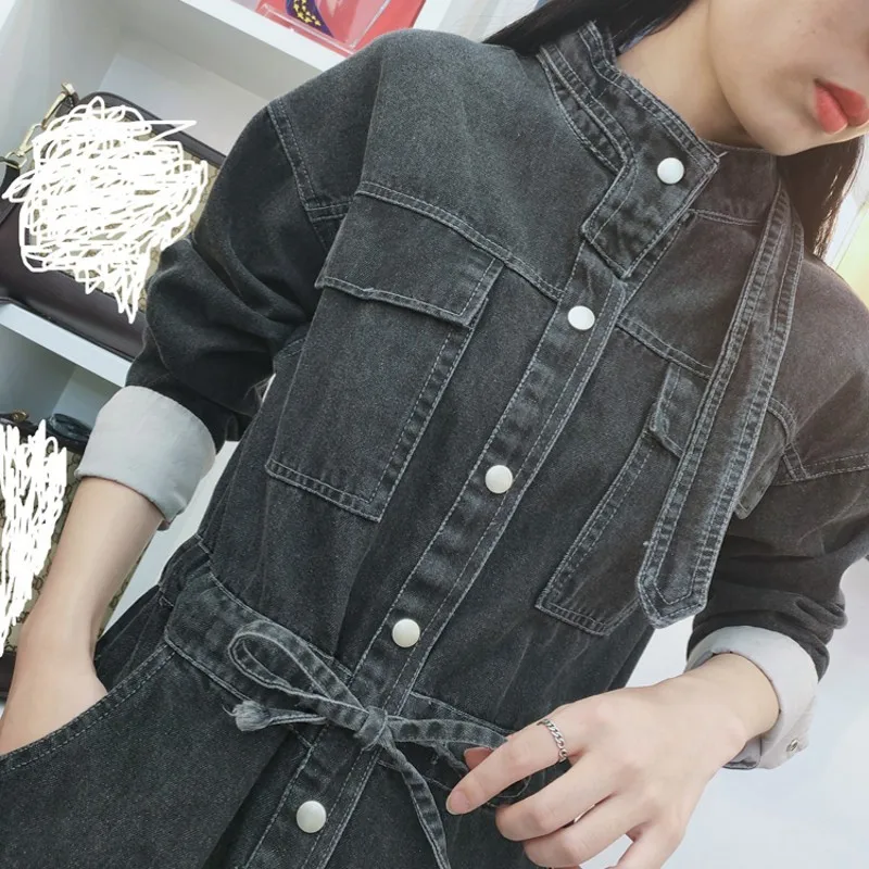 Euro Autumn Womens Cargo Denim Jumpsuits Long Sleeve Stand Collar High Waist Loose Fit Ankle Length Pants Female Casual Overalls