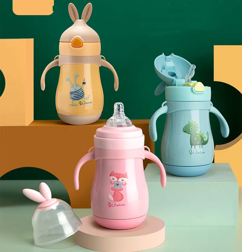 

260/300ml kids Thermos Mug Stainless Steel baby Feeding bottle cartoon Vacuum Flask with straw Children Thermal Water Bottle