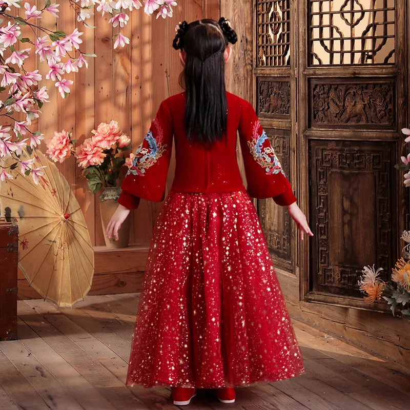 Robe de nouvel an chinois pour enfants, jolie ancienne Hanfu brodée pour filles, costume Tang traditionnel épais et matelassé