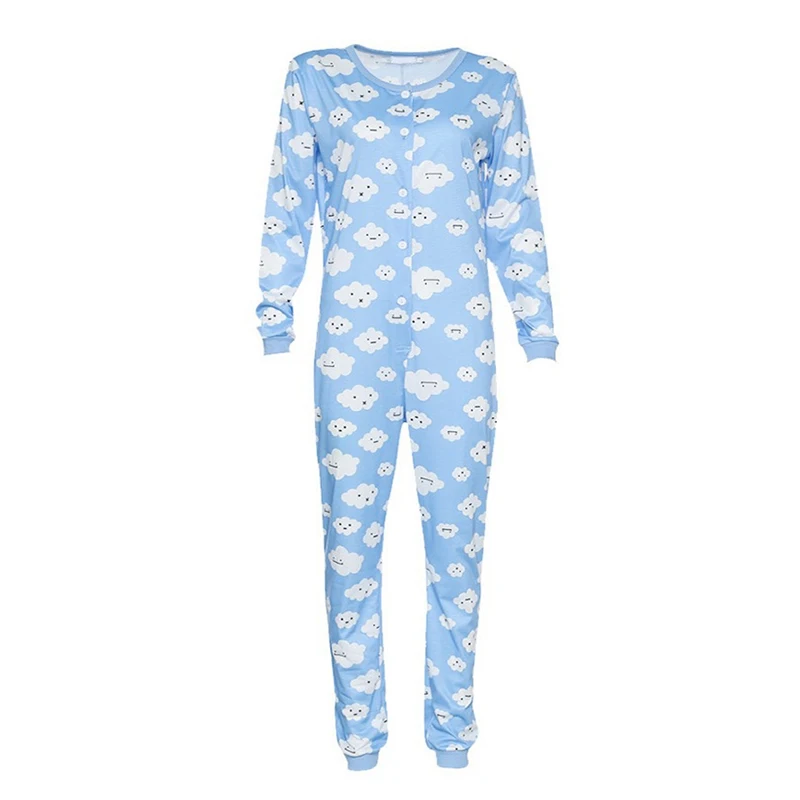 Cute Women Blue Flaky Clouds Pajama Kigurumi Casual Long Sleeve Keep Warm Soft Jumpsuit Pajama Autumn New Round Neck Homewear