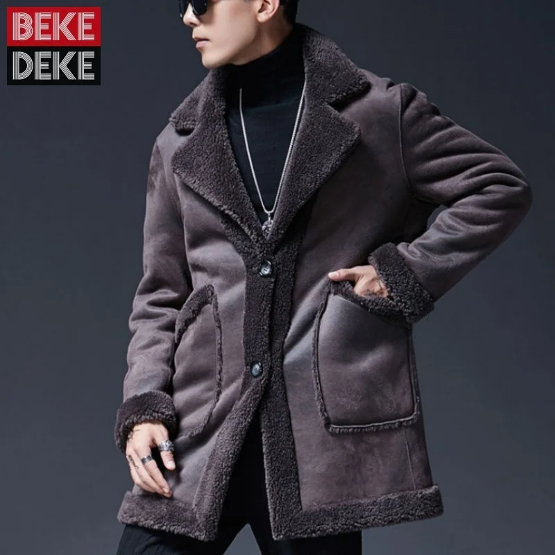 

Men Winter Thick Warm Wool Lining Long Coat Single Breasted Business Man Suede Leather Sheep Real Fur Jacket Outwear Overcoat