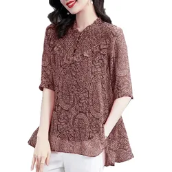 Floral Chiffon Women Short-Sleeved Blouse New Summer Middle-Aged Mother Wild Loose Bottoming Shirt Solid Color Female Lace Top