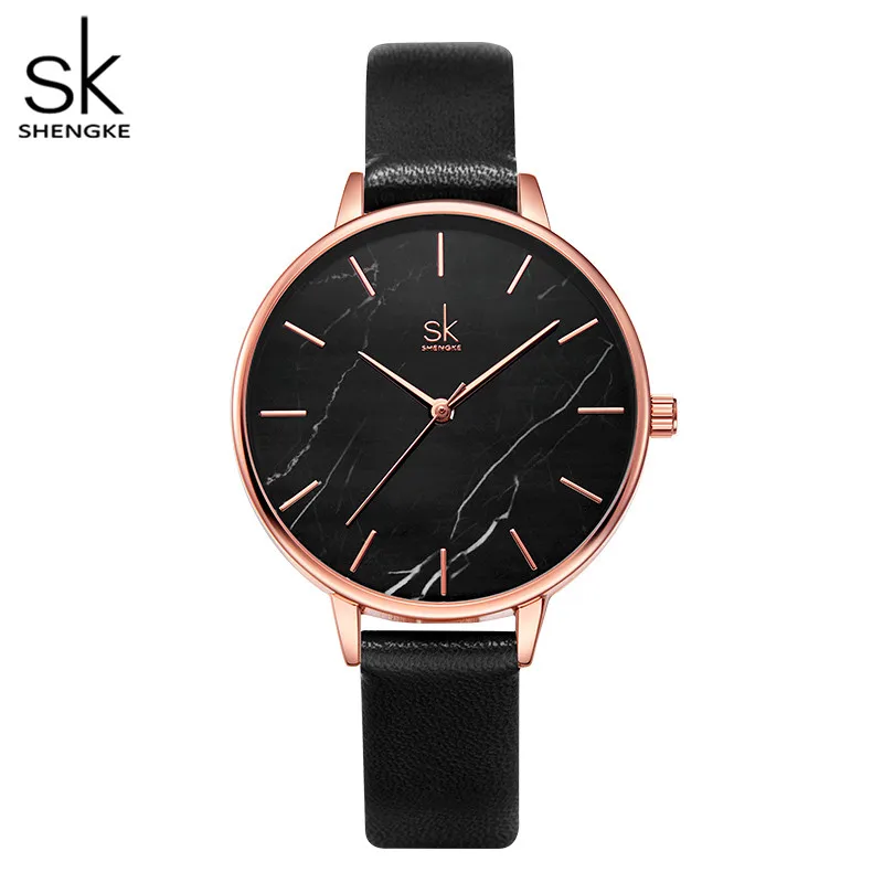 Shengke New Fashion Black Marble Dial Watch For Women Leather Relogio Feminino Quartz Thin Casual Strap Watch Reloj Mujer