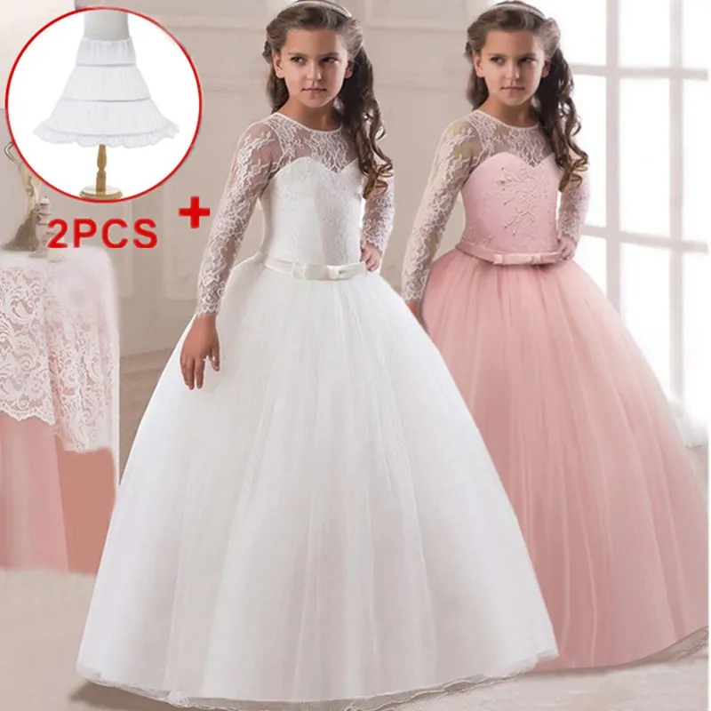 Vestido de fiesta de encaje de manga larga con lazo blanco para niña, vestido elegante para dama de honor, boda, banquete de cumpleaños