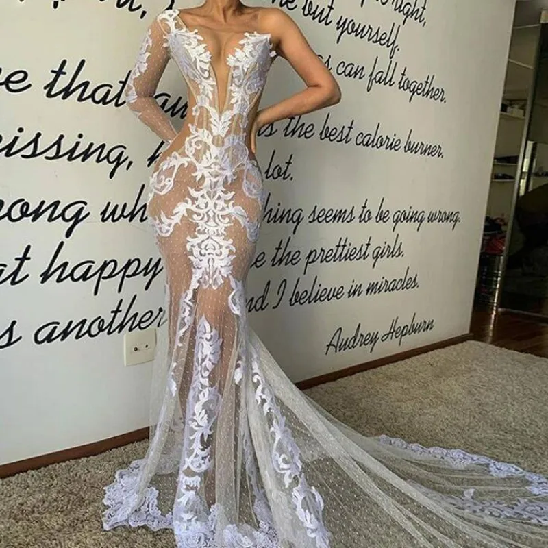 Vestidos de novia transparentes de encaje bonito, ilusión de una manga larga, cola de sirena, con cremallera en la espalda, sexys