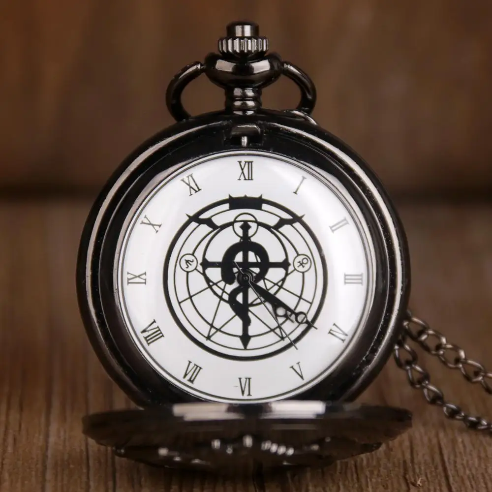 Fashion FullMetal Alchemist Edward Elric Cosplay Quartz Pocket Watch Vintage Black Pendant Necklace Men Women Fob Watch