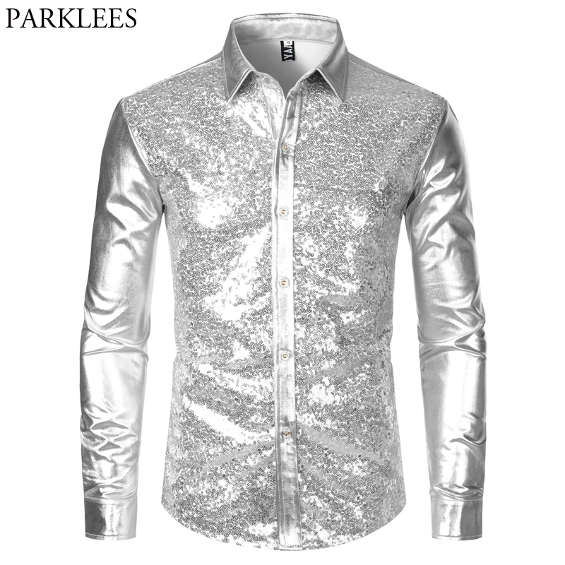 Silver Metallic Sequins Glitter Shirt Men 2023 New 70\'s Disco Party Halloween Costume Chemise Homme Stage Performance Shirt Male