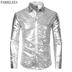 Silver Metallic Sequins Glitter Shirt Men 2023 New 70's Disco Party Halloween Costume Chemise Homme Stage Performance Shirt Male