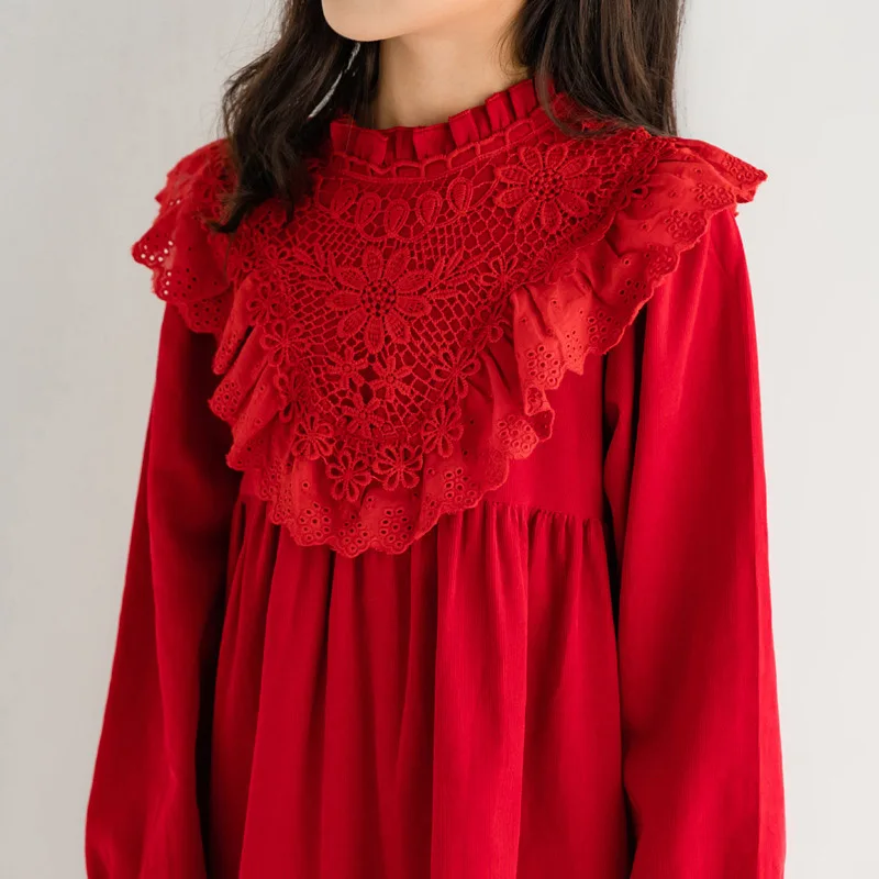 Spring Autumn Teenager Kids Dress Solid Knee Length Lace Patchwork Princess Dress for Girls Long Sleeve Robe Enfant Fille 6-16T