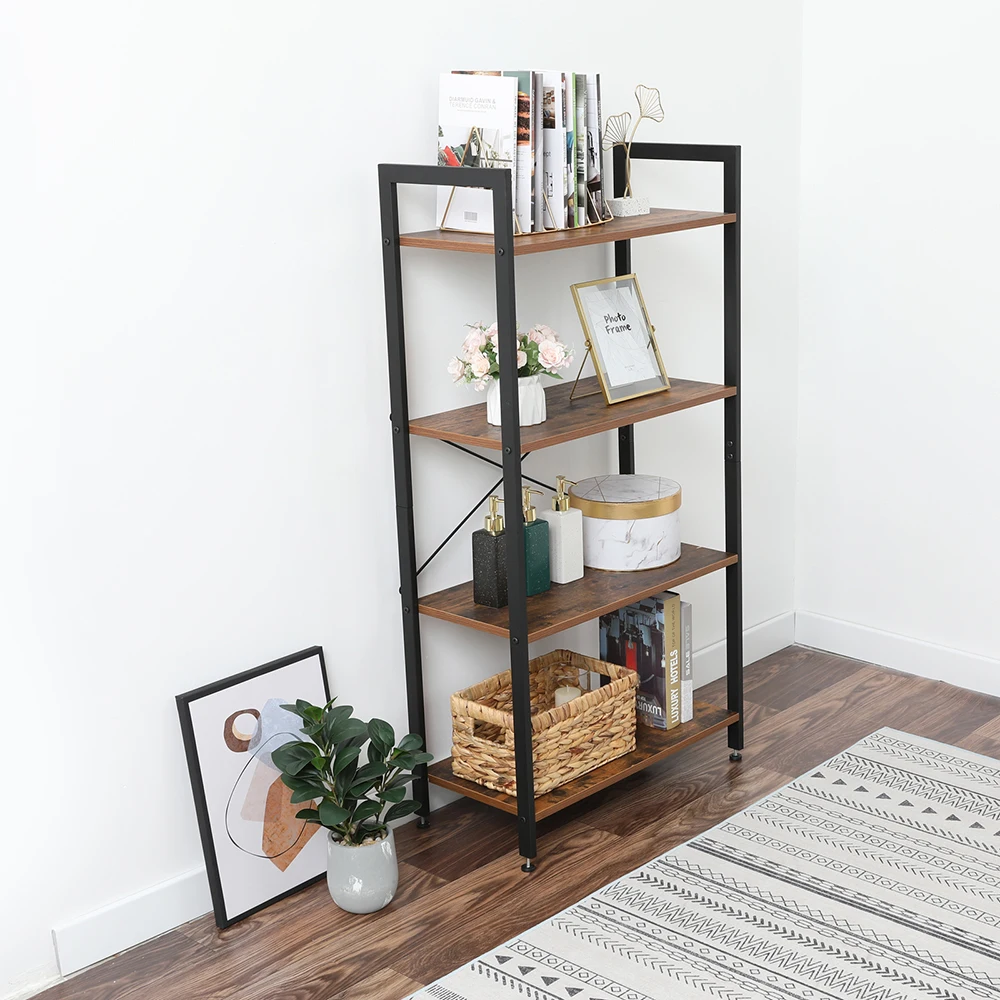 US Warehouse Bookshelf 4-Tier Bookcase for Living Room Standing Unit Shelf  Stable Steel Frame Bedroom Office Industrial Design