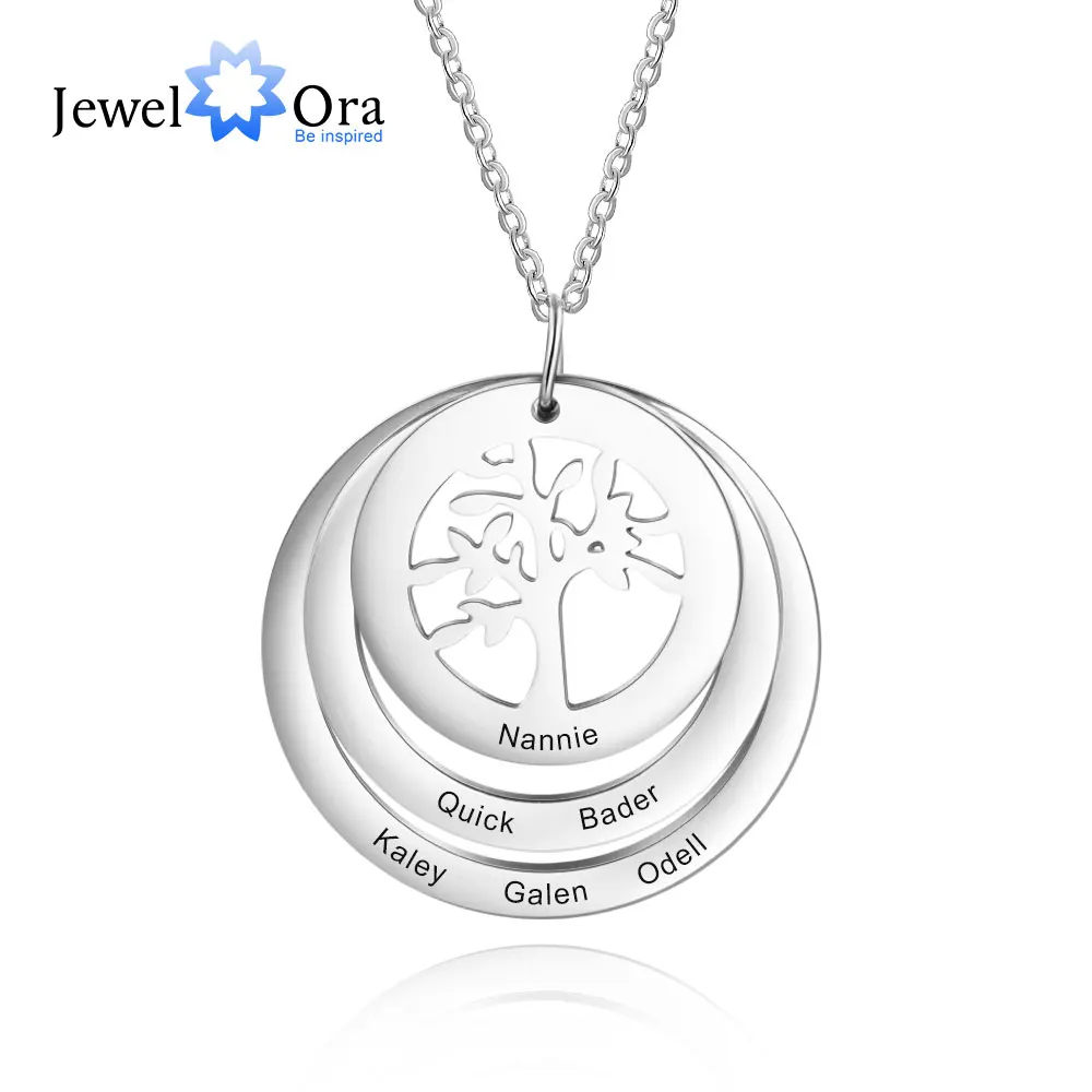 

JewelOra Personalized 6 Names Engraving Tree of Life Pendant Necklace Customized Stainless Steel Round Pendants for Women Gifts