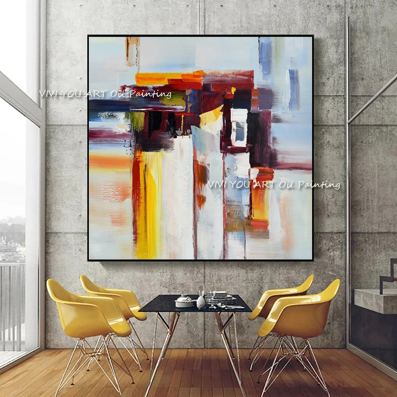 100% Handmade Bold Color Block Abstract Oil Painting, Palette Knife Thick Texture Canvas Art, Modern Living Room Wall Decor