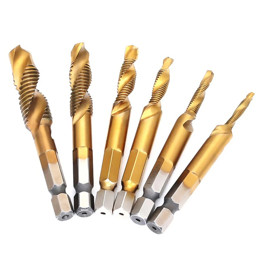 6Pcs Three-In-One ความเร็วสูงเหล็กก๊อก M3 M4 M5 M6 M8 M10ก๊อกเจาะ Chamfering One ชิ้นเกลียว Titanium ชุบก๊อก