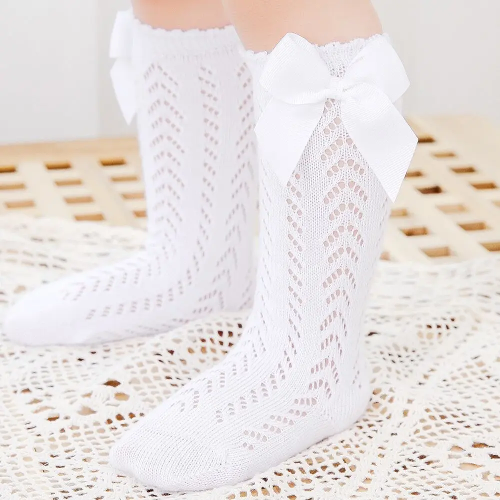 Cute Girls Knee High Socks Bows Cotton Breathable Soft Children Socks Hollow Out Non-slip Newborn Infant Long Sock