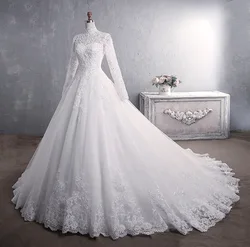 Robe de Mariée Musulmane Élégante à Col Haut et Traîne, Tenue de Princesse de Luxe en Dentelle Personnalisée, 2024