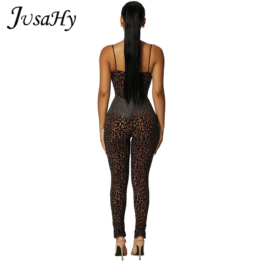 JuSaHy Leopard Print Flocking Jumpsuit for Women Fashion Sleeveless Backless Body-Shaping Casual High Streetwear Female Outfits