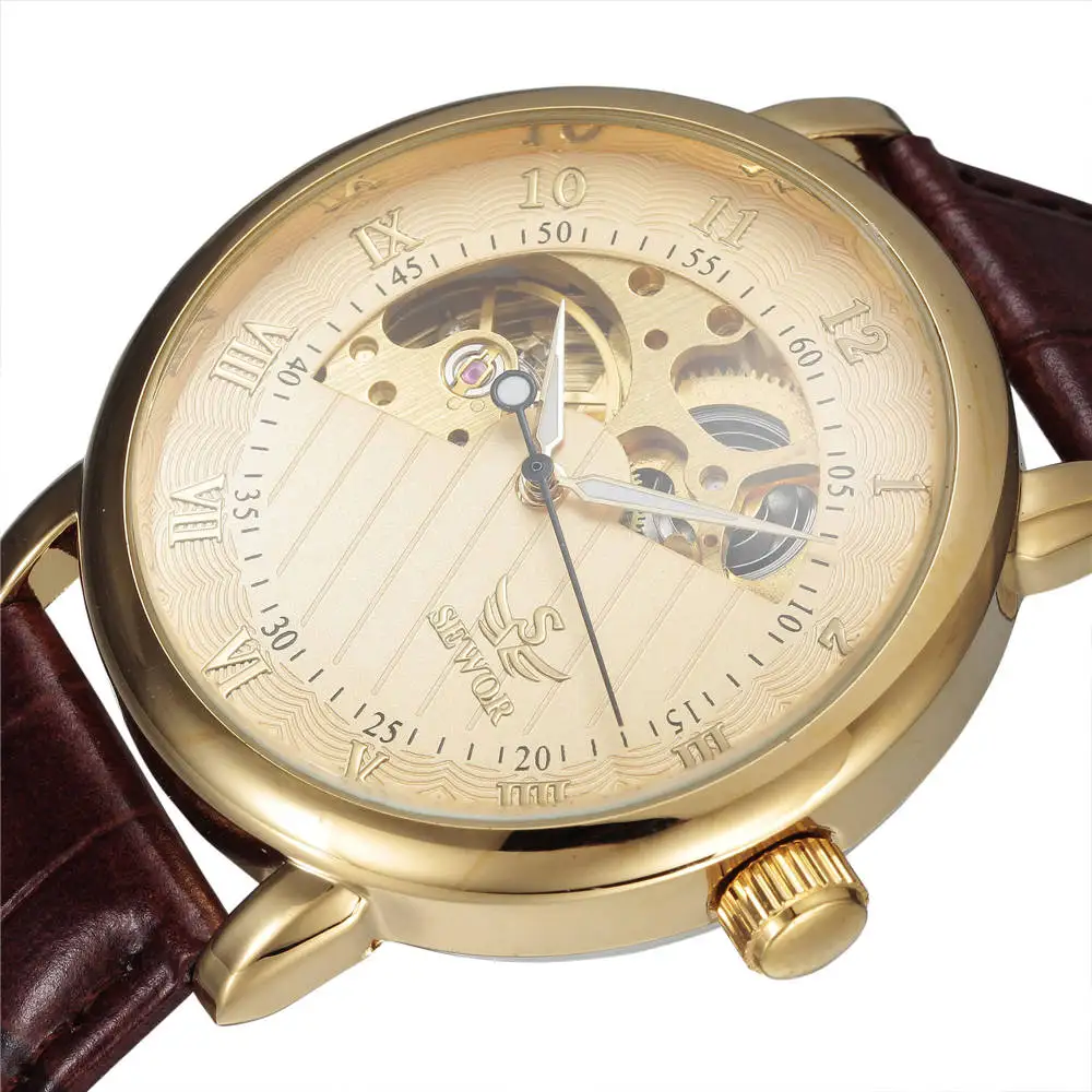 relogio masculino Luxury Brand SEWOR Men Watches Gold Skeleton Automatic Mechanical Watches Luxury Men Dress Watch Leather Strap