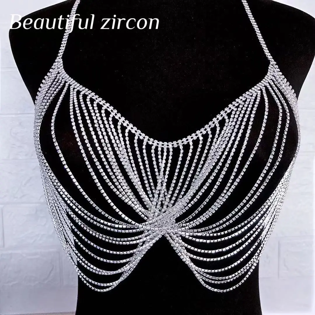 Fashion women Rhinestone short top shining crystal open back Lai tassel top bra Beach Bikini Body chain jewelry bra accessories