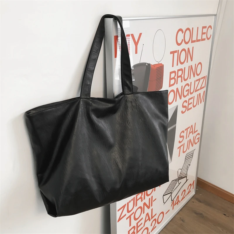 Black Color Oversized Tote Bags for Women 2021 Lightweight Big Capacity Soft Leather Shoulder Bag Unisex Simple Fashion Shopper