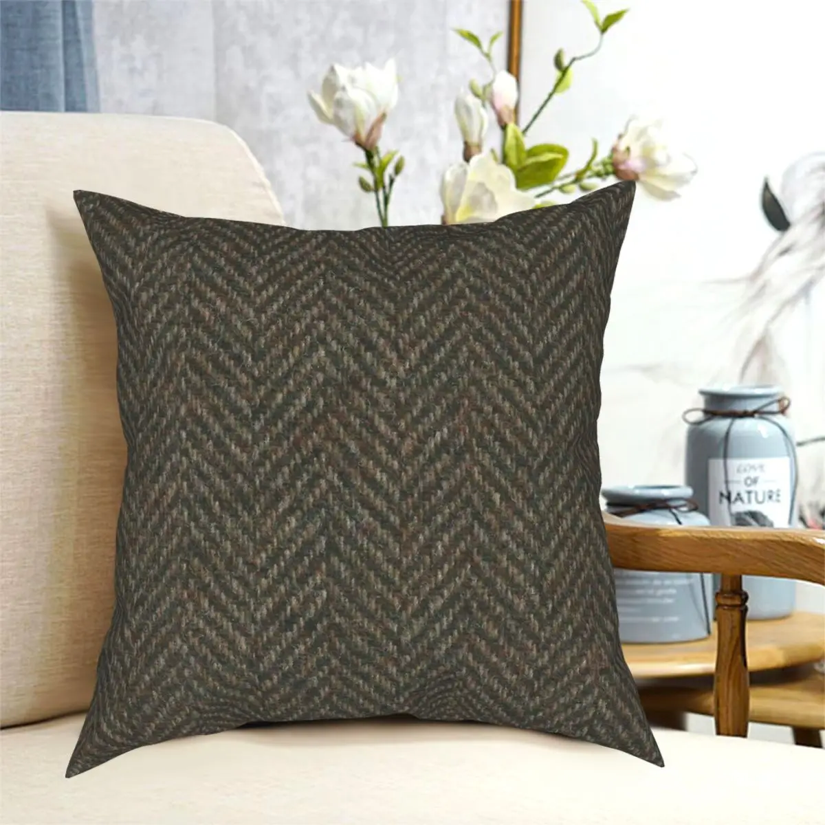 Herringbone Wool Tweed Fabric Square Pillowcase Polyester Pattern Zip Decorative Throw Pillow Case for Sofa Cushion Cover 45*45