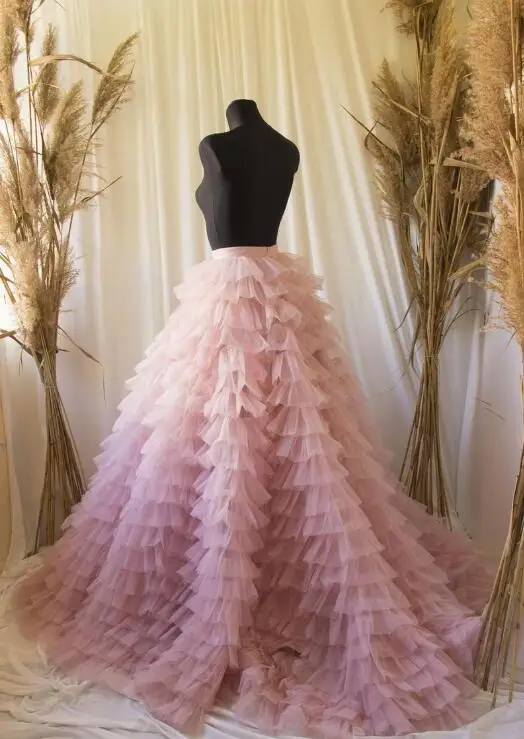 Gambar Nyata Tingkat Ruched Pengantin Panjang Tulle Rok Gaun Bola Pasta Kacang Manis Tinggi Pinggang Perempuan Kustom Tutu Rok Faldas rok Jupe