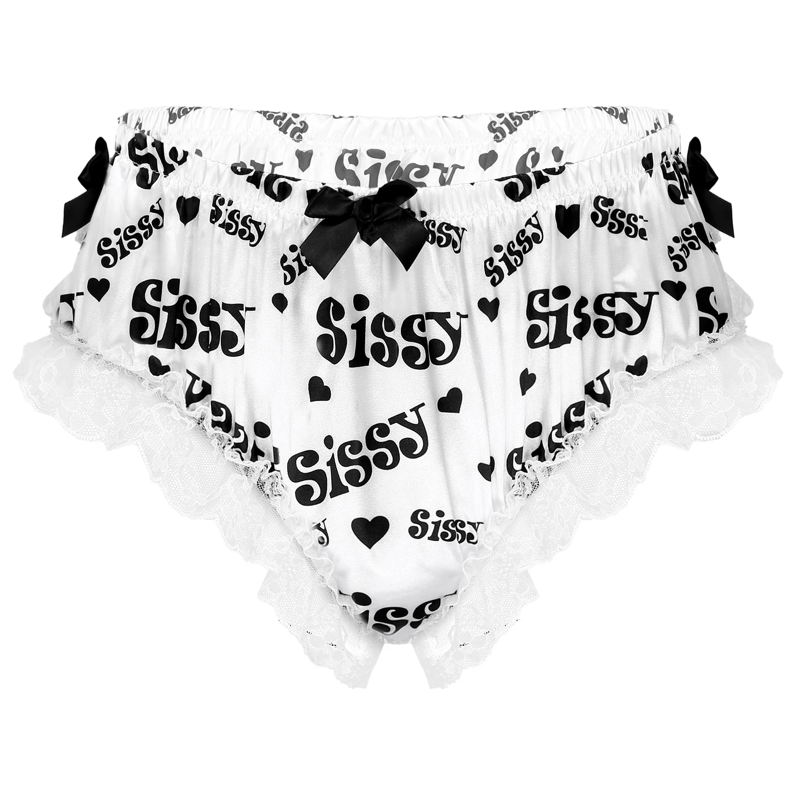 Mens Lingerie Sissy Underwear Shiny Satin Ruffled Floral Frilly Lace Cute Bowknot Knickers Briefs Exotic Gay Underwear Panties