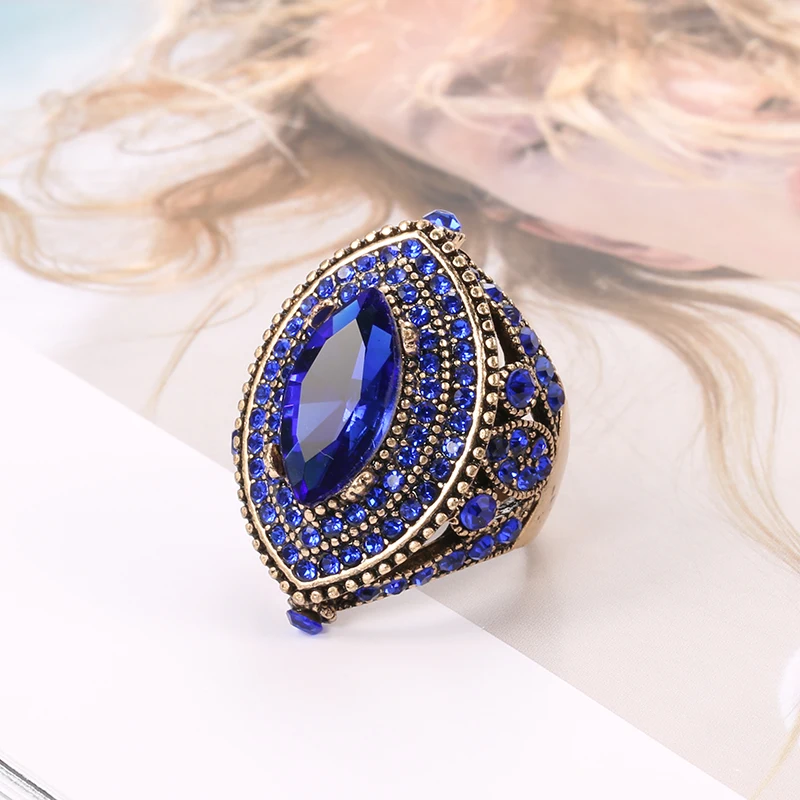 Kinel 2020 New Luxury Antique Ring For Women Vintage Look AAA Blue Crystal Boho Jewelry Gold Color Charm Ethnic Wedding Ring