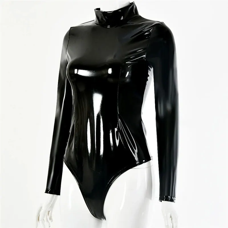 

Sexy Women PVC Shiny High Cut Bodysuit Bandage One Piece Dance Wear High Neck Halter Latex Matt Catsuit Sexy Tight Plus Size F75