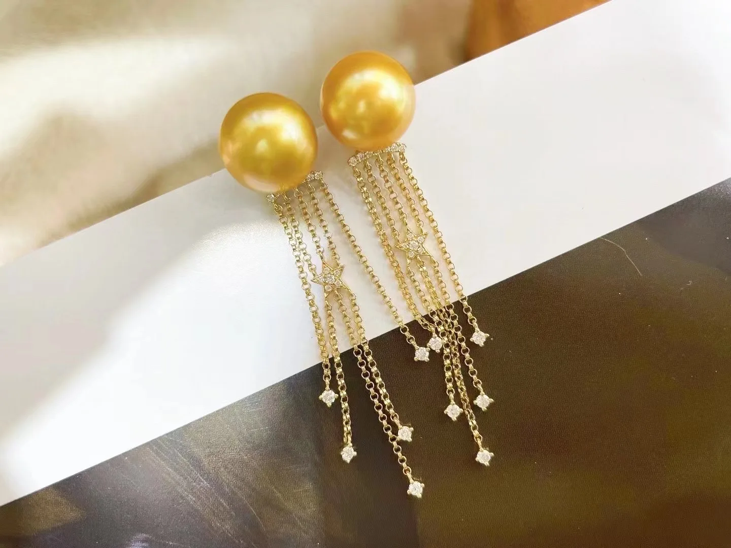 

M228 Solid 925 Sterling Silver Round 11mm Fresh Water Golden Pearls Drop Dangle Earrings for Women Fine Birthday's Presents