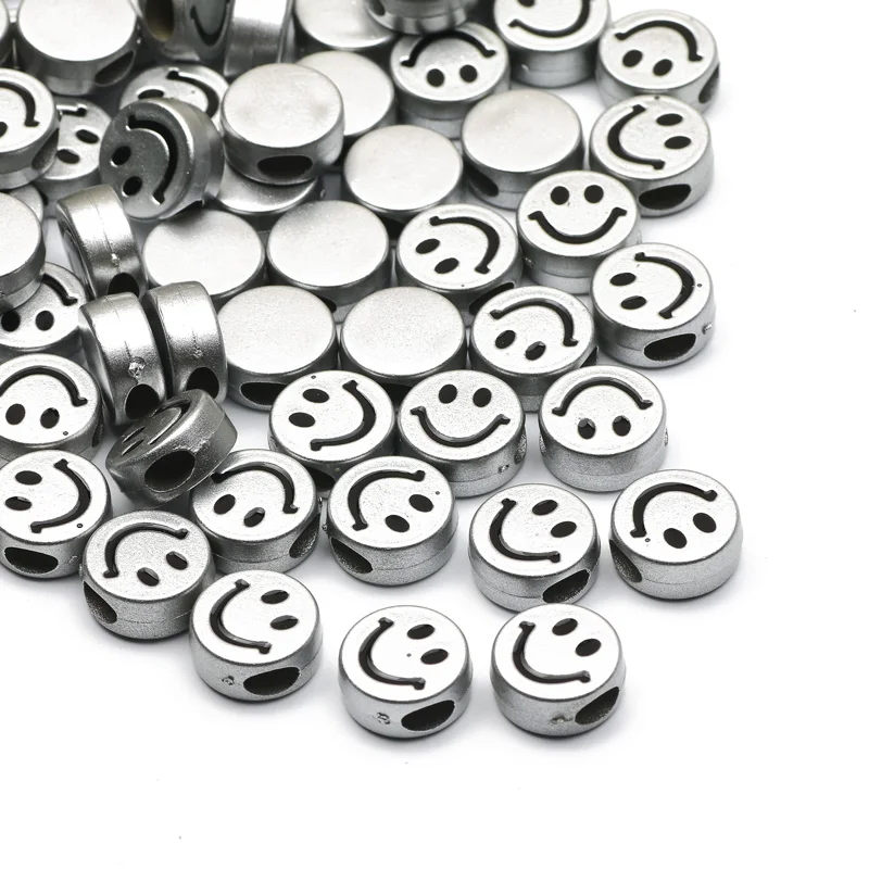 Acrylic Beads Fashion 12x6mm Silver Color Flat Round Smile Loose Spacer Beads For Jewelry Making DIY Handmade Necklaces Supplies