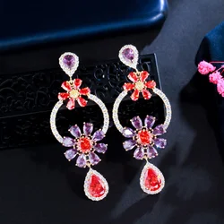 CWWZircons Sparkly Purple Red Cubic Zircon Crystal Water Drop Flower Long Earrings for Women Gold Plated Party Wedding CZ082