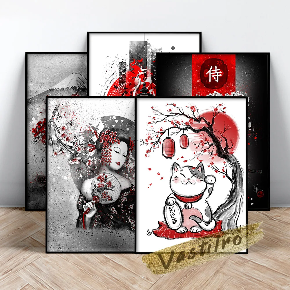 Japanese Ink Painting Vintage Art Prints Poster Geisha Girl Canvas Wall Picture Bushido Samurai Sakura Crane Abstract Home Decor