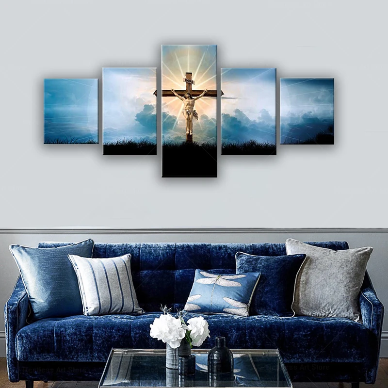 

5 Pieces Canvas Art Jesus Crucified Poster Painting Christ Catholic Blue Wall Picture Print For Living Room Home Decor Artwork