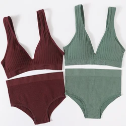 Ropa interior sin costuras para mujer, conjunto de sujetador y bragas sin aros, Top deportivo de cintura alta, bragas con cuello en V, lencería Sexy