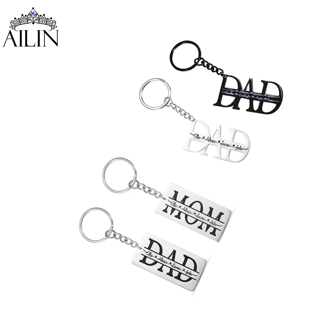 

AILIN Dropshipping Family Keychain Names Engraving Black Platinum Stainless Steel Jewelry Mother's Day Gift For MOM DAD