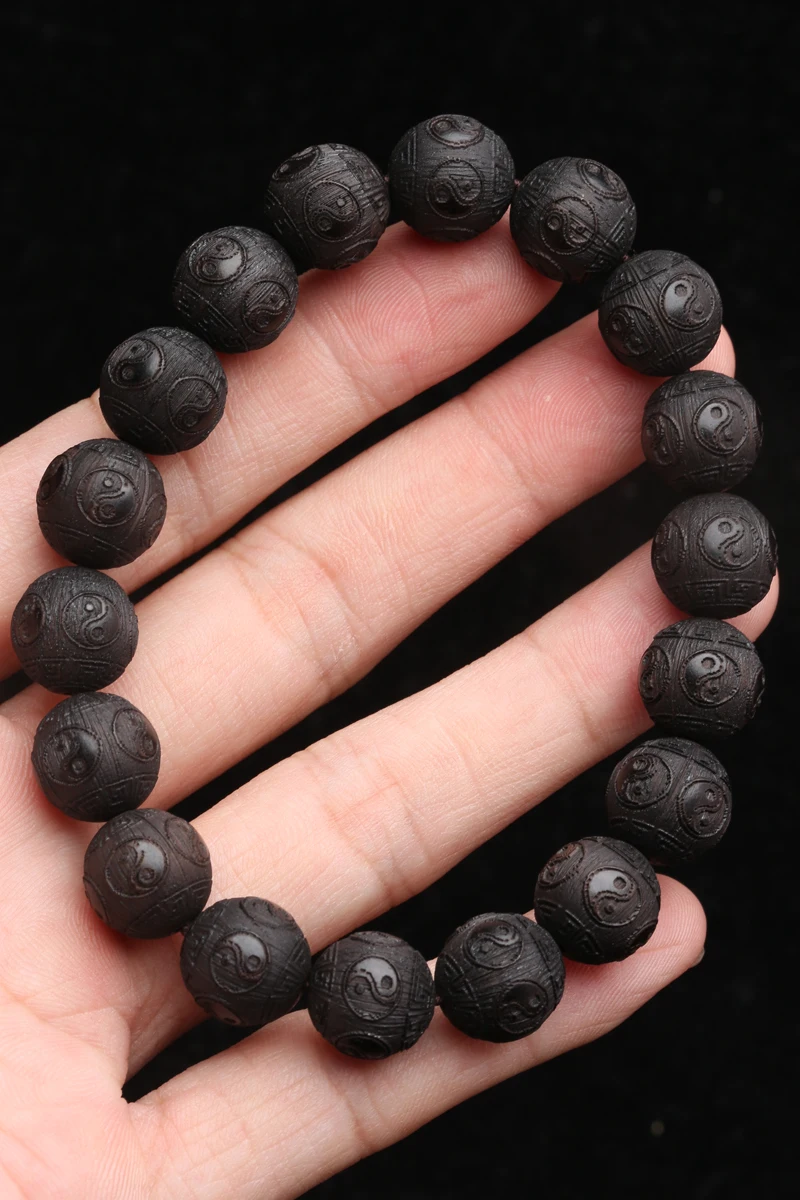Ebenholz-Herren-Holzarmband, Symbol der Philosophie, männliches Armband, Symbol der Wahrsagerei, 20 mm, schwarzes Holzperlenarmband – Detail 14