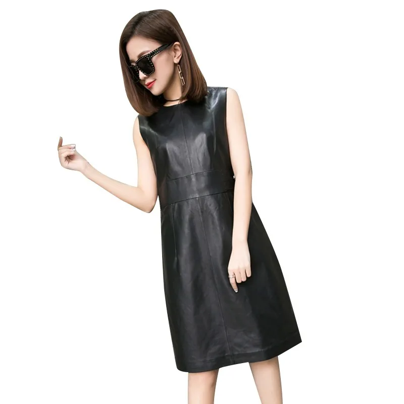 Elegant Sexy Black O-neck Natural Genuine Leather Autumn Winter Women Dress Button Sleeveless Robe Femme Knee Tank Sundress