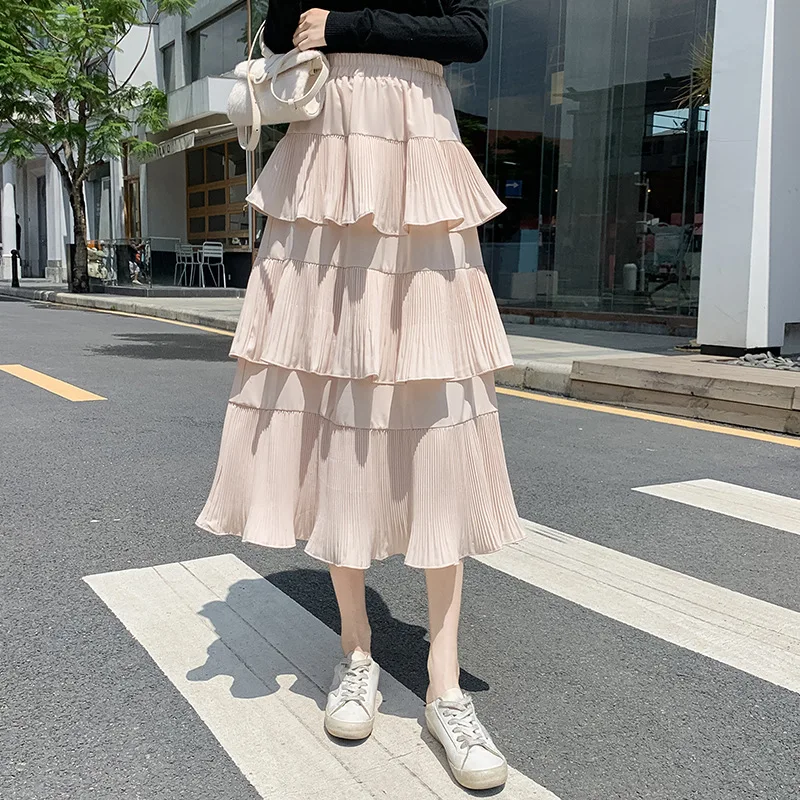 Women Autum High Waist Casual Black Tiered Skirt Elegant Female Spring Solid Color Midi Chiffon Elastic Waist Skirts DS280