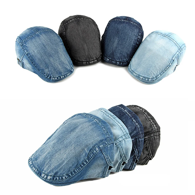 Eenvoudige Gewassen Denim Baretten Hoed Mannen Vrouwen Lente Zomer Piekte Platte Pet Kunstenaar Eendenbek Hoed Casual Visgraat Krantenjongenspet