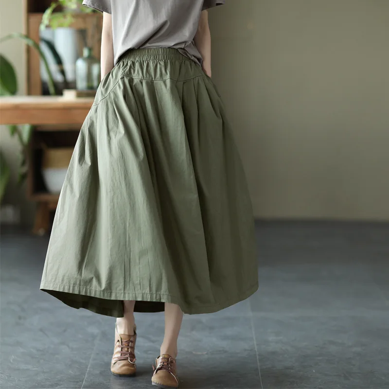 NINI WONDERLAND 2024 Spring Women Cotton Vintage A-line Pleated Midi Skirt Autumn Elastic Waist Casual Loose Skirt Mori Girls