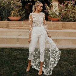 2022 Sexy Tulle Wedding Jumpsuit With Sweep Train Elegant Long Sleeves Scoop Neck Lace Appliques Open Back Pants Suits For Bride