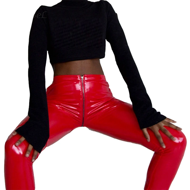Pantalon Long en Latex et caoutchouc pour femmes, fermeture éclair au dos, cuir Pu, noir, rouge, PVC, crayon Sexy, entrejambe ouvert, pantalon slim pour boîte de nuit érotique